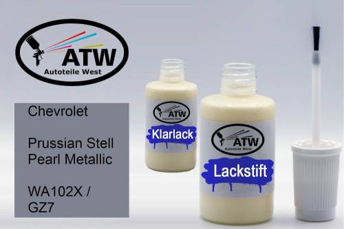 Chevrolet, Prussian Stell Pearl Metallic, WA102X / GZ7: 20ml Lackstift + 20ml Klarlack - Set, von ATW Autoteile West.
